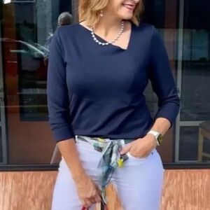 Cabi Contessa Asymmetric Neckline Classic Navy Long Sleeve Tee